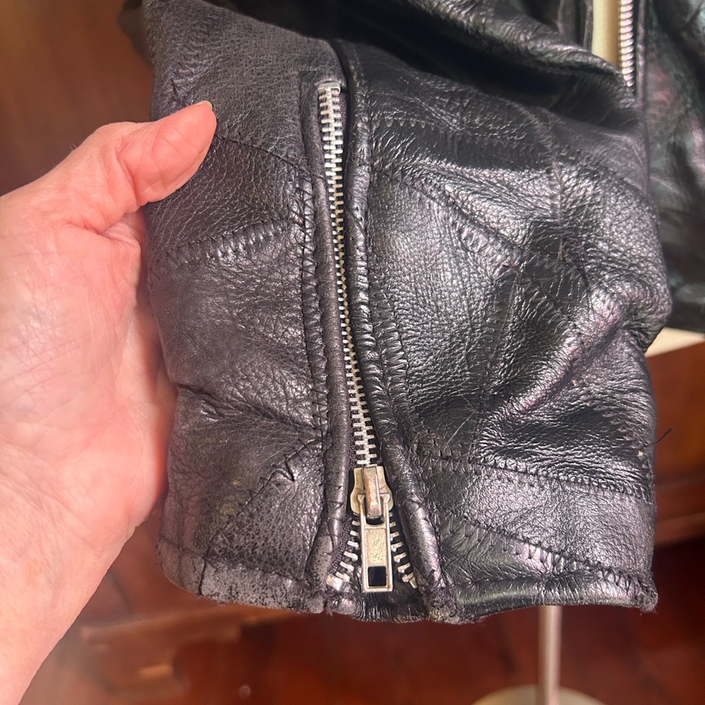 80s Black Leather Patchwork Motorcycle Jacket XL - image 6